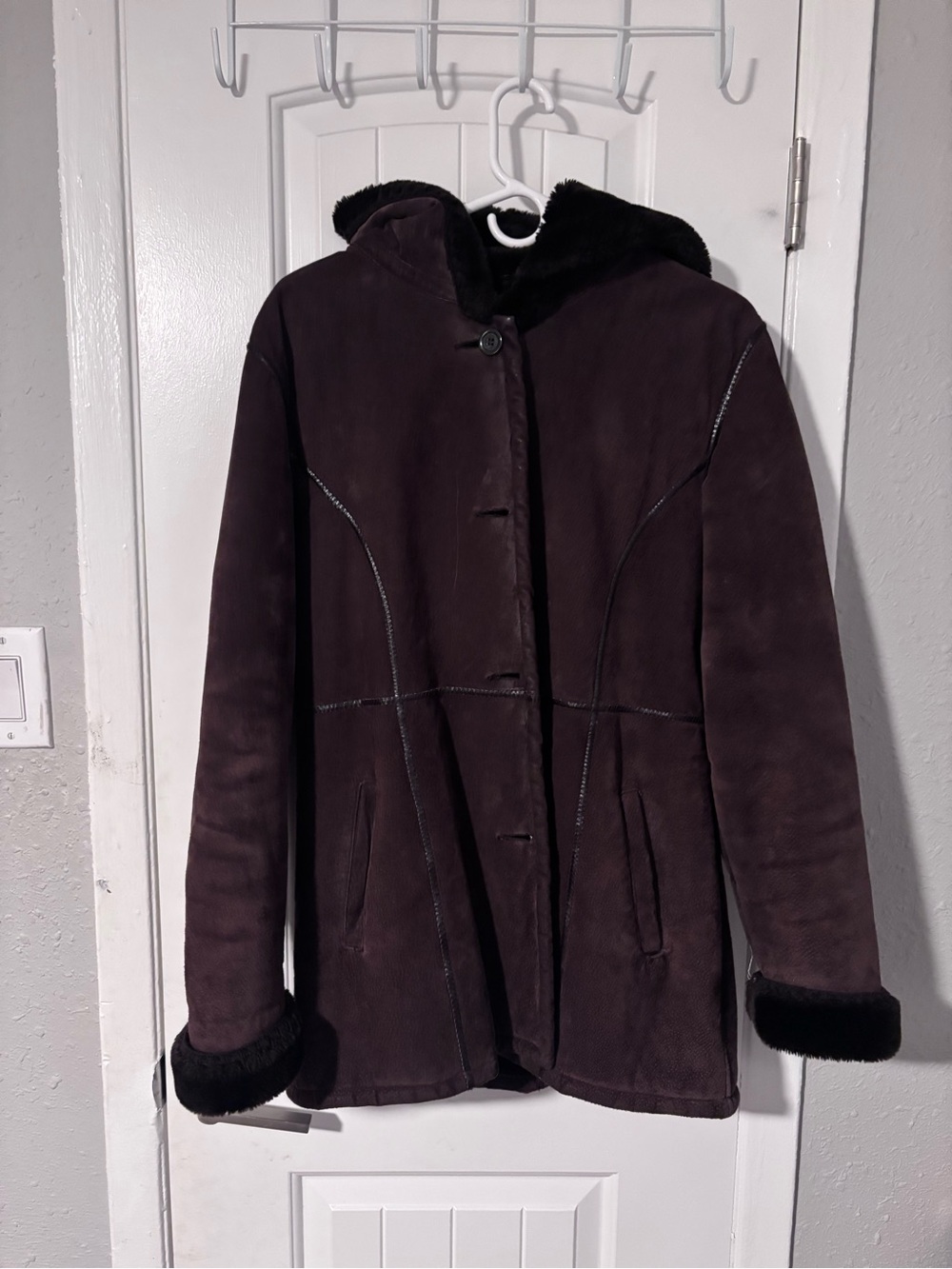 Wilsons Leather Dark Brown Faux-Suede Hooded Coat with Black Faux-Shearling Trim